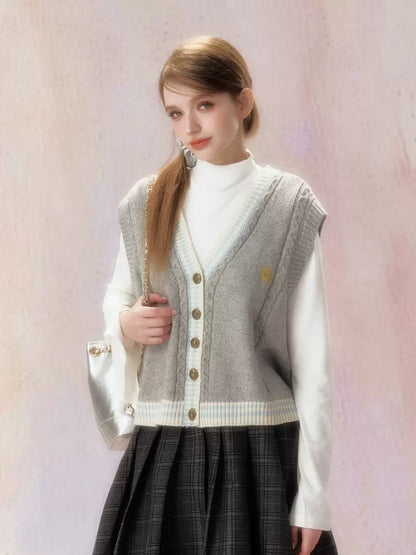 Embroidered V-Neck Knit Jacquard Vest Cardigan