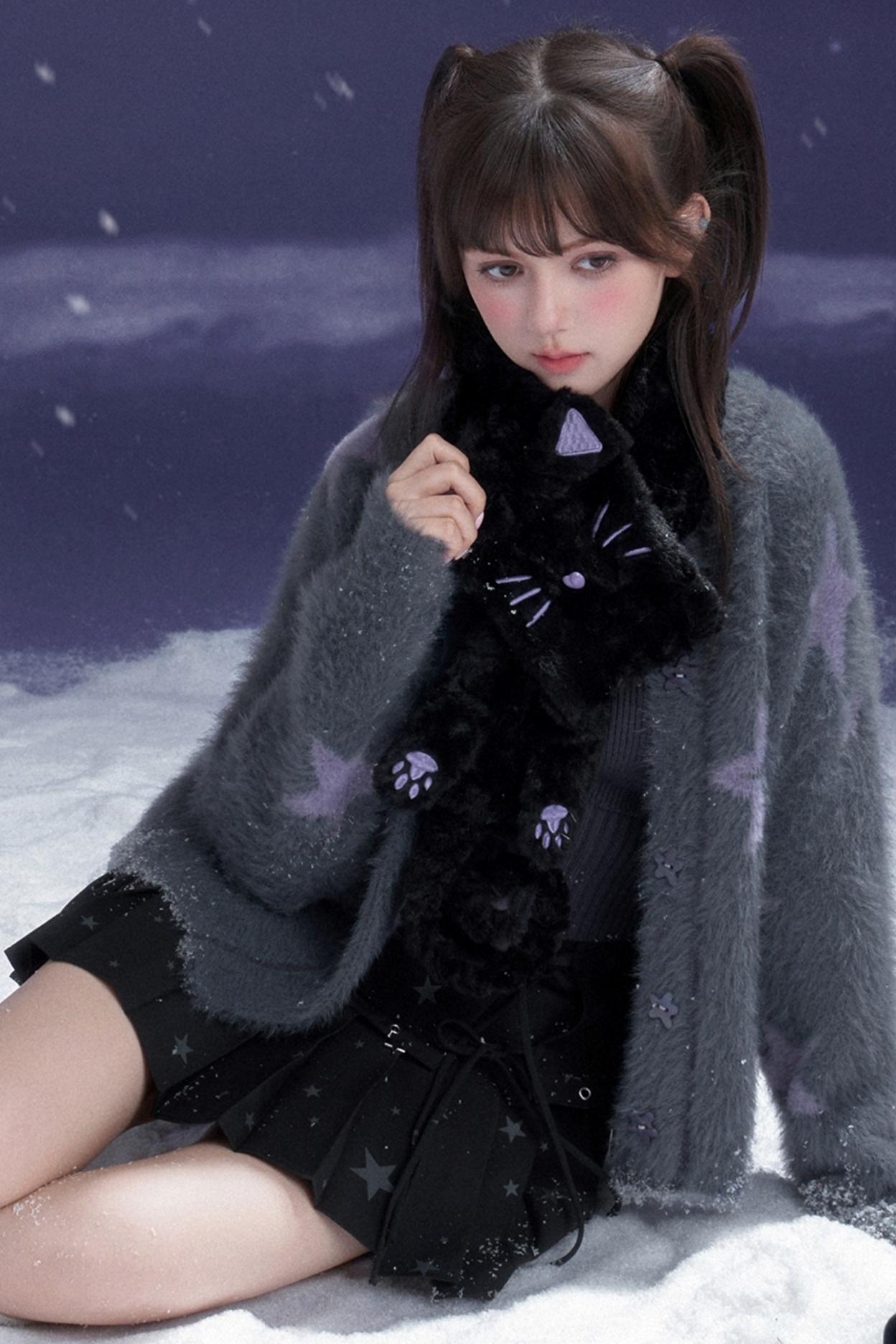 Black and Purple Cat Fur Scarf