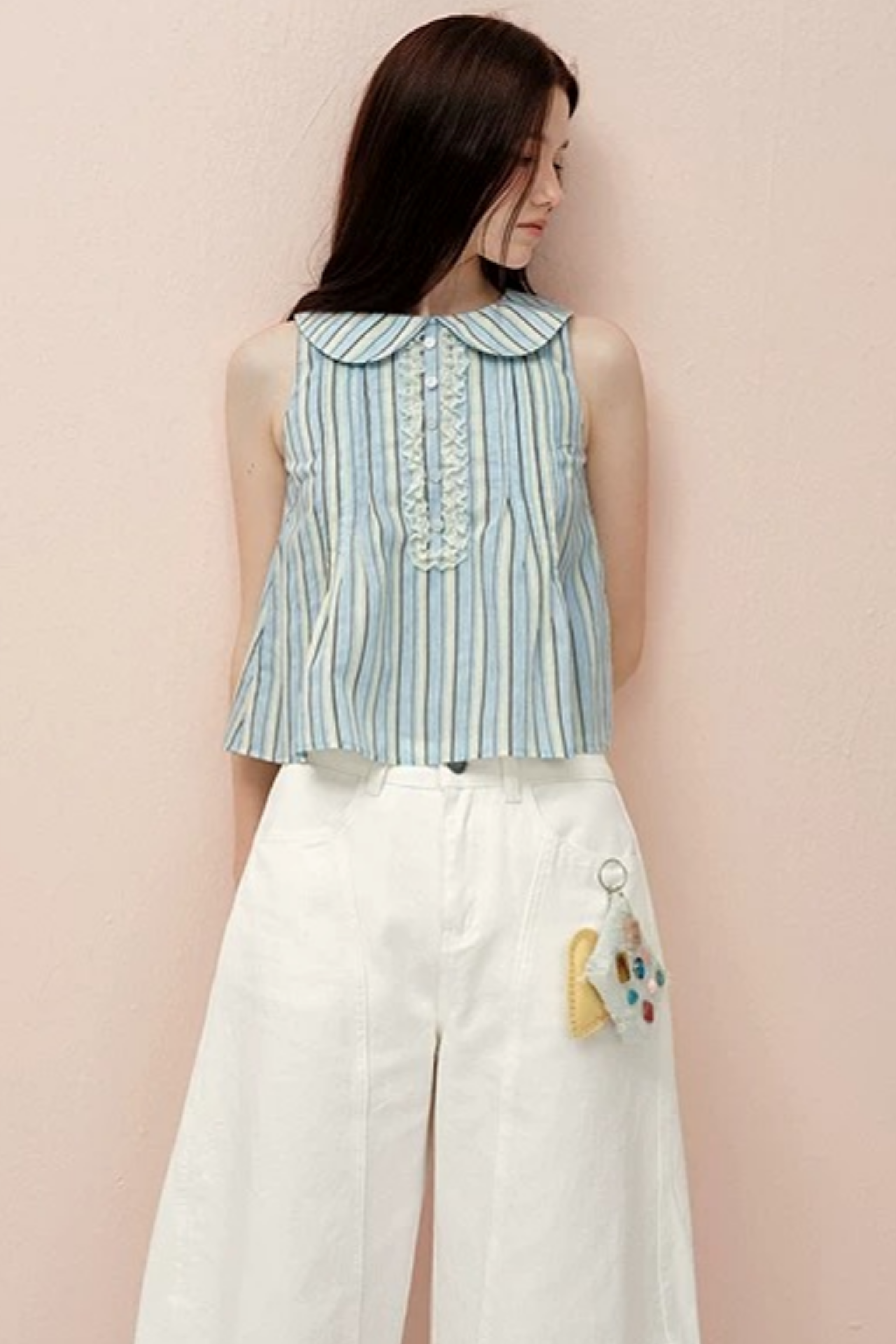 Blue Striped Doll Collar Lace Trim Tank Top