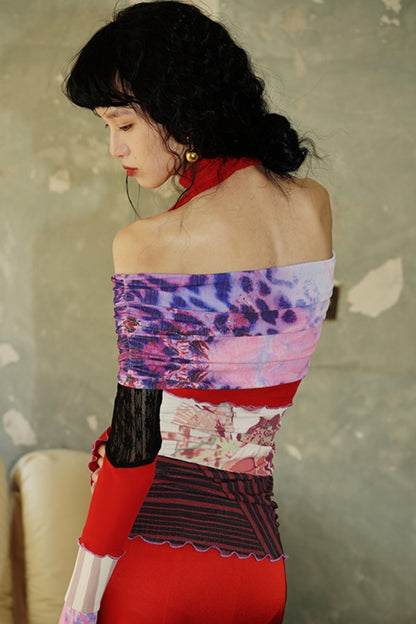 Chinese Print One-Shoulder Top