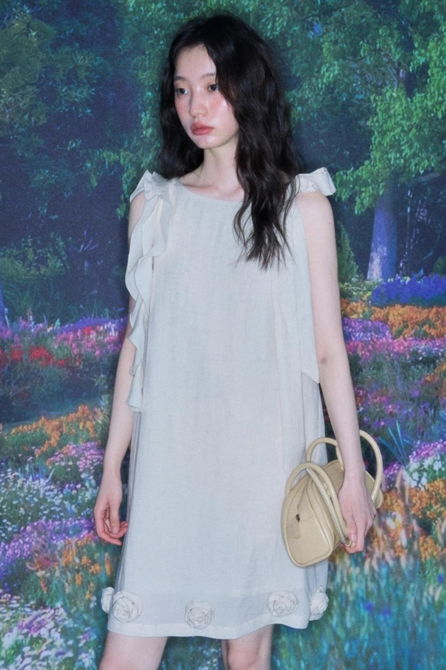 Three-Dimensional Rose Lace Linen-Blend Dress