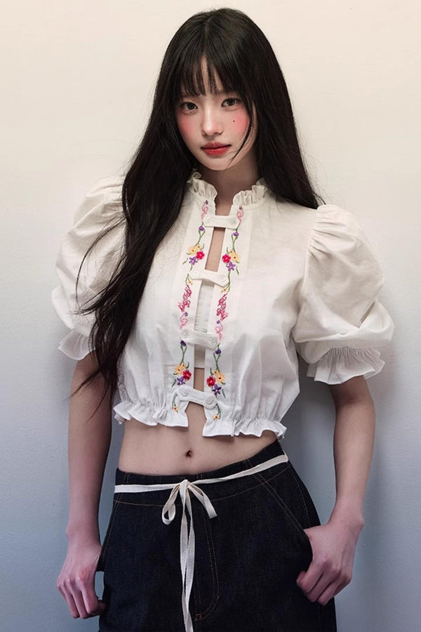 Embroidered Bubble Sleeve Blouse