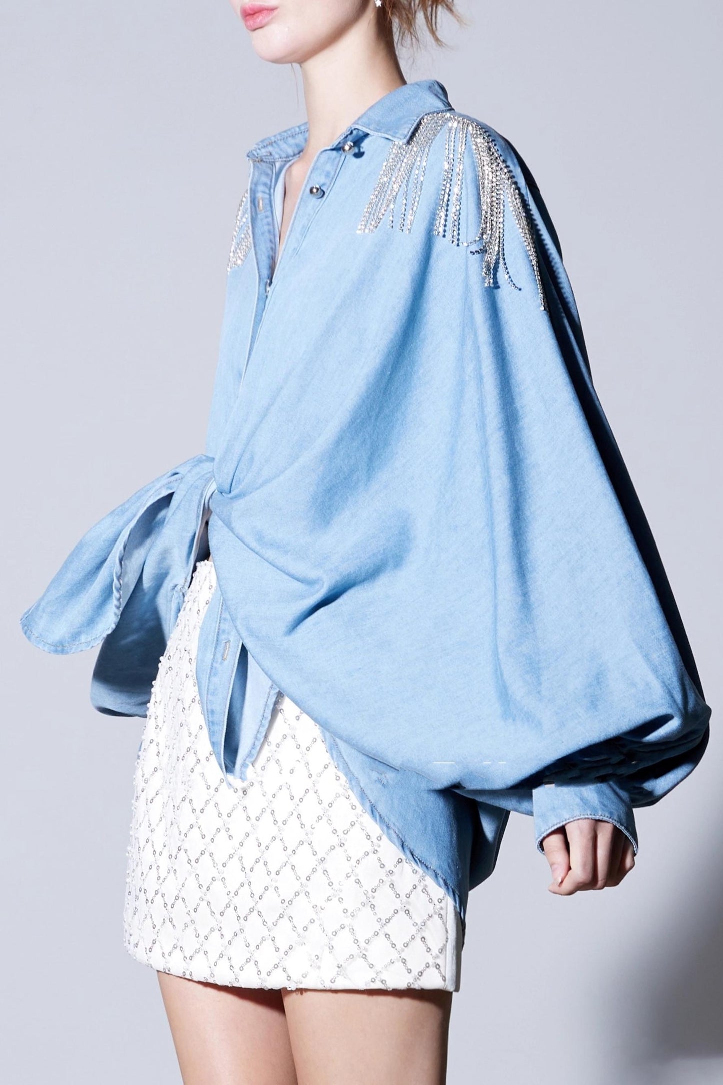 Autumn Silk Cotton Diamond Denim Shirt