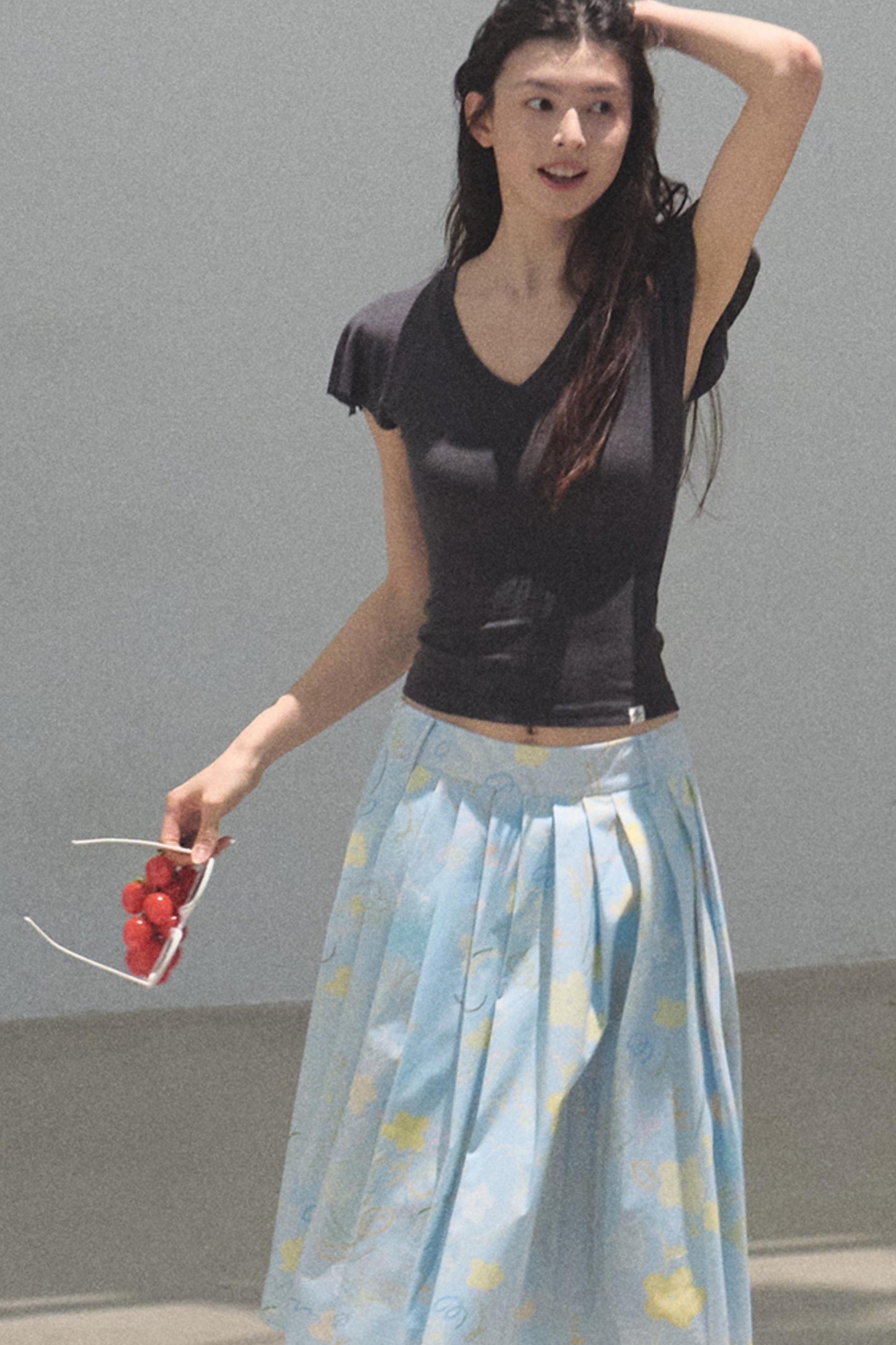 Green Apples Sleeve V-Neck Skinny Top