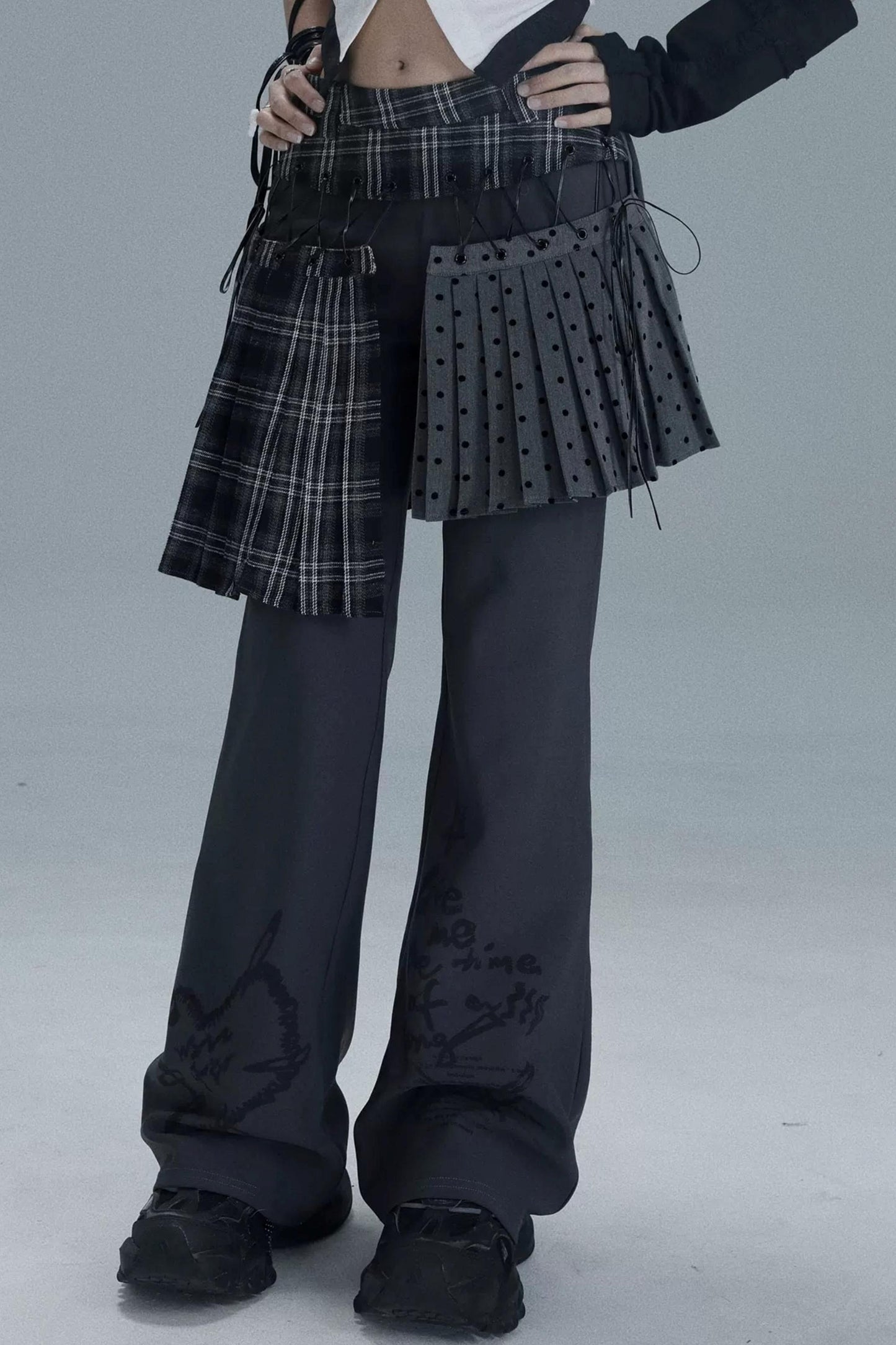 Layered Plaid Skirt Pants