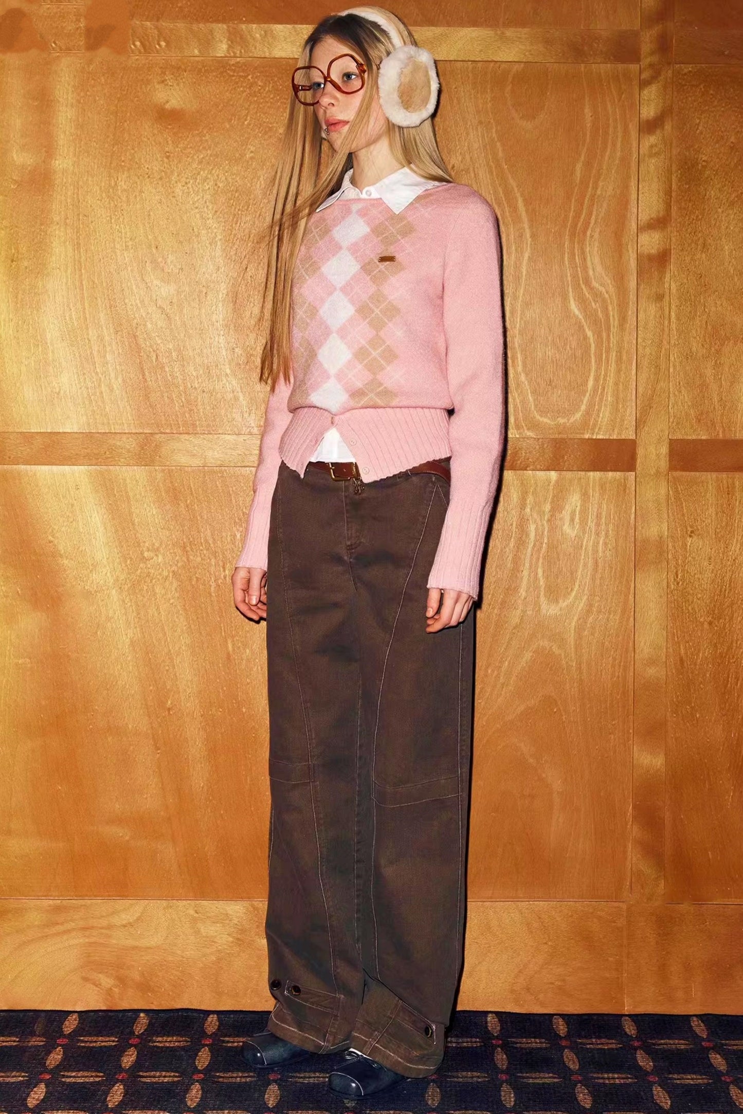 Pink Diamond-Patterned Knit Sweater