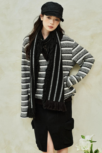 Striped V-Neck Knitted Top & Scarf Set