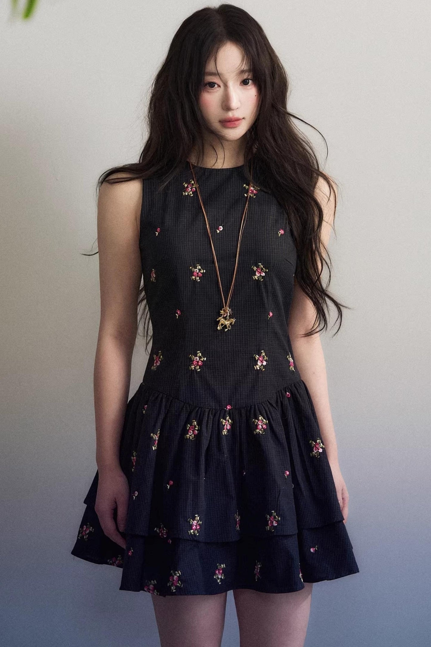 Navy Blue Embroidered Vest Dress