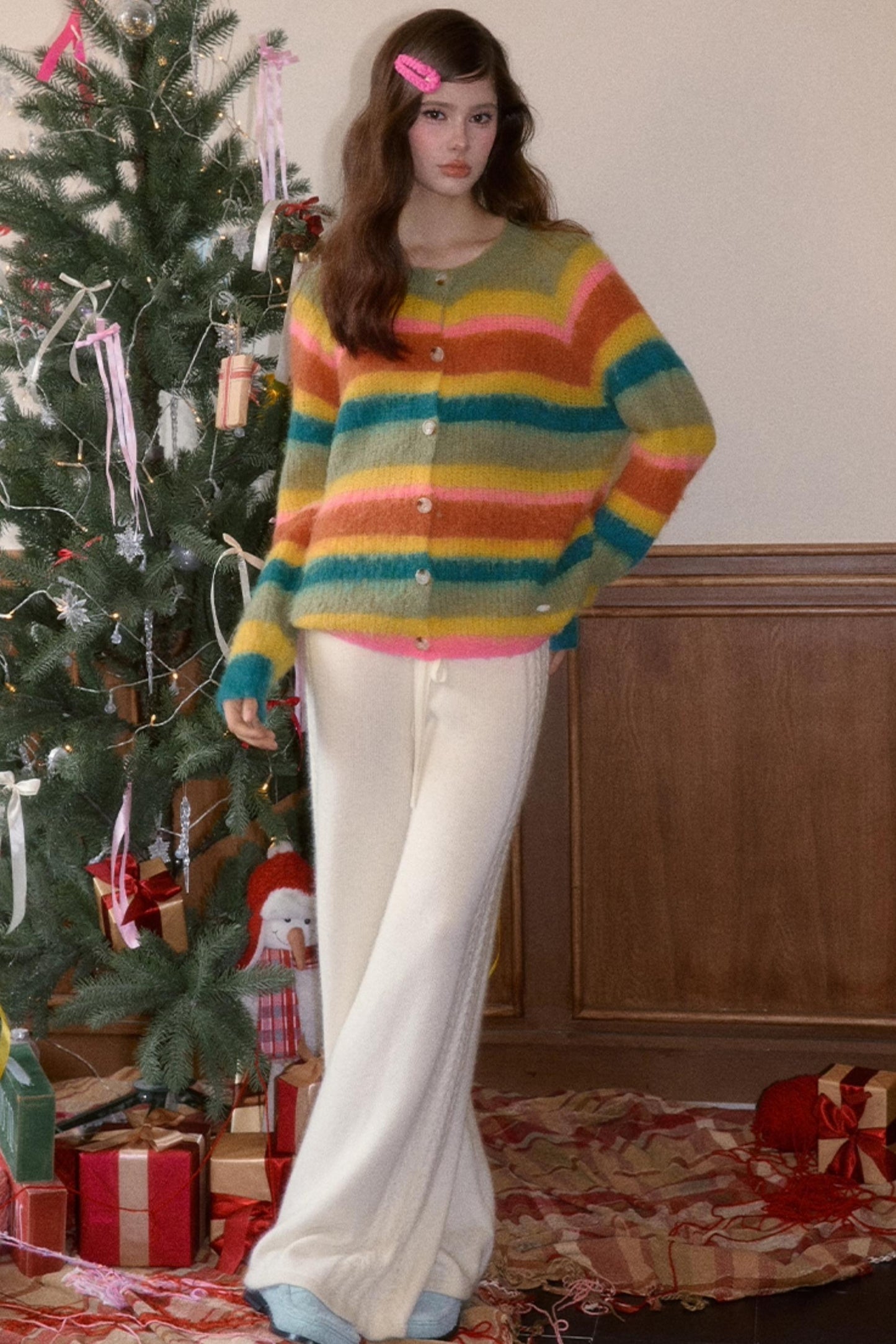 Fleece Rainbow Stripe Cardigan