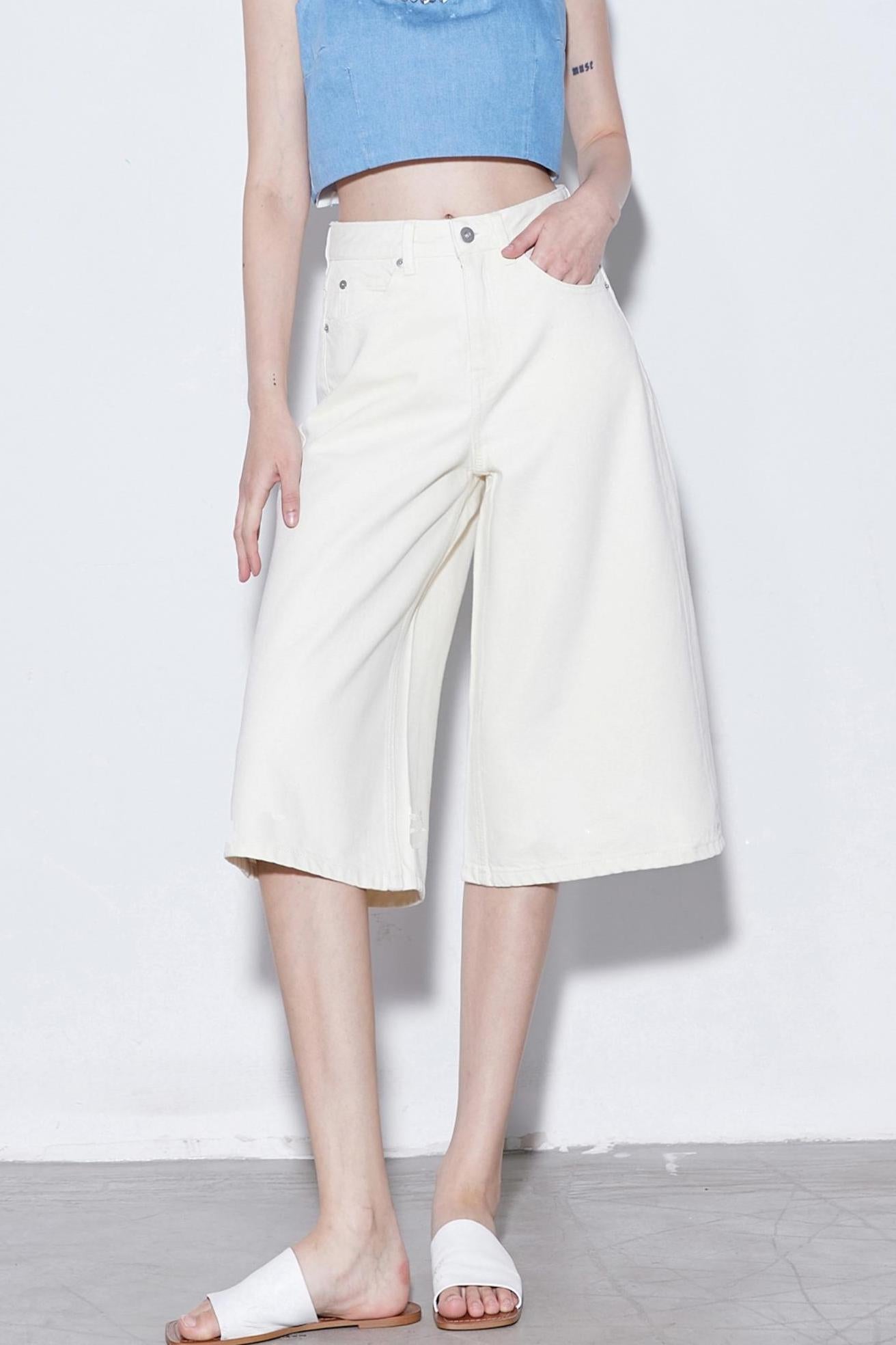 Relaxed Cotton Wide-Leg Denim Shorts