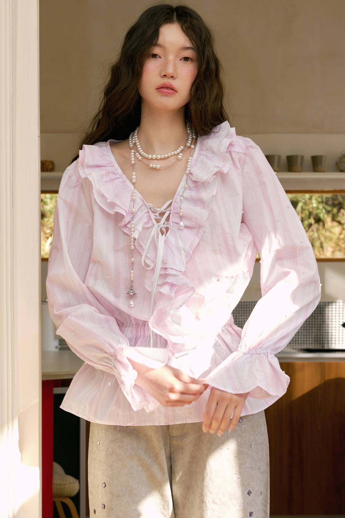 Pink Ruffle V-Neck Shirt