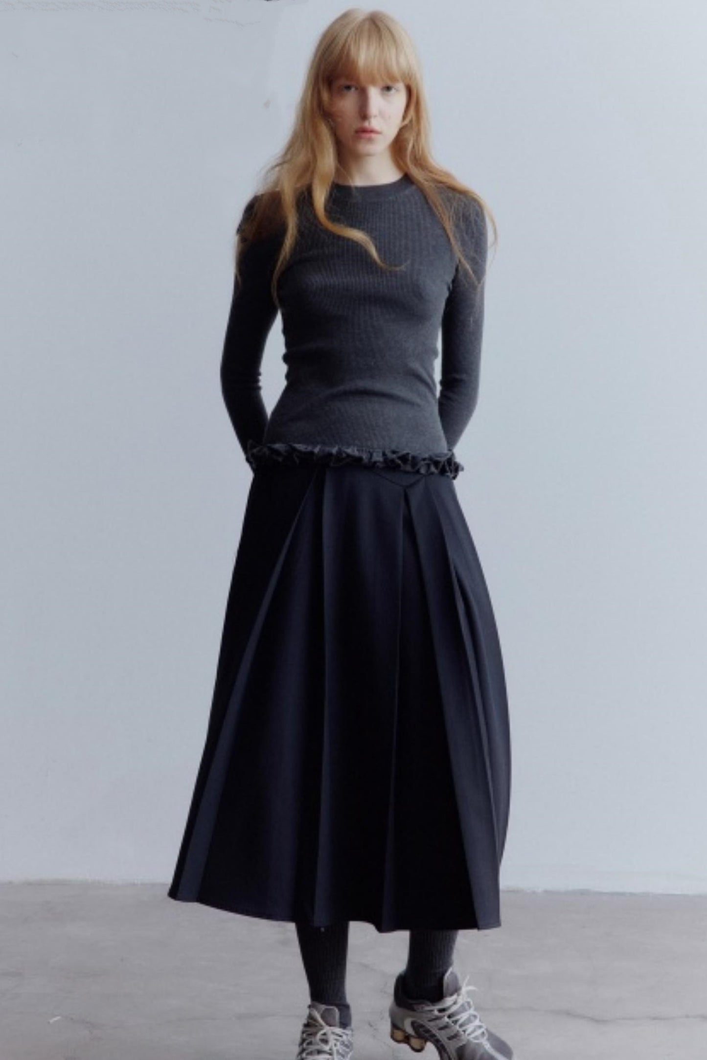 Lime Wool Irregular Pleated Wool Skirt
