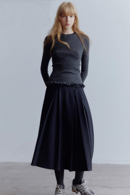 Lime Wool Irregular Pleated Wool Skirt