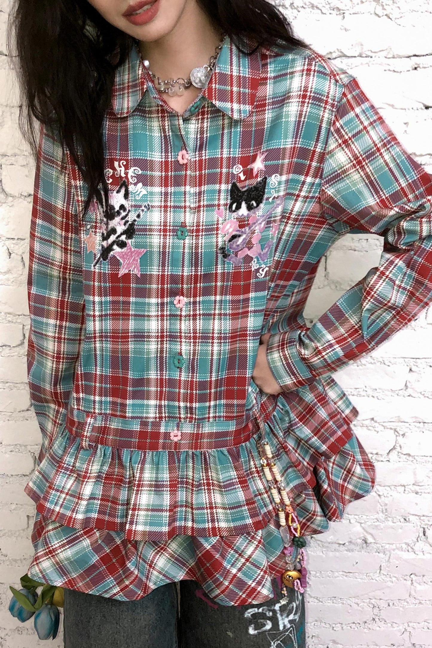 New Band Collar Plaid Dress