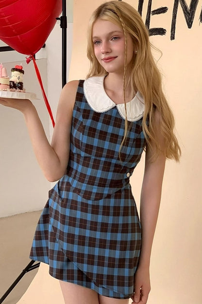 Blue Plaid Sleeveless Dress