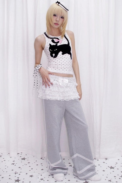 Cat Embroidered Polka Dot Top