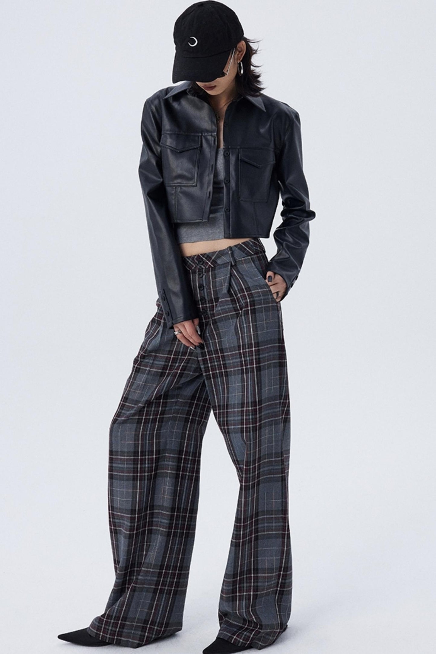 Check Pleated Wide-Leg Trousers