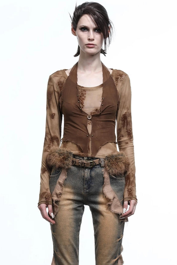 Fake Halterneck Patchwork Wool T-Shirt