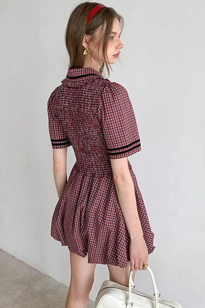 Plaid V-neck Bow Bubble A-Line Bud Dress