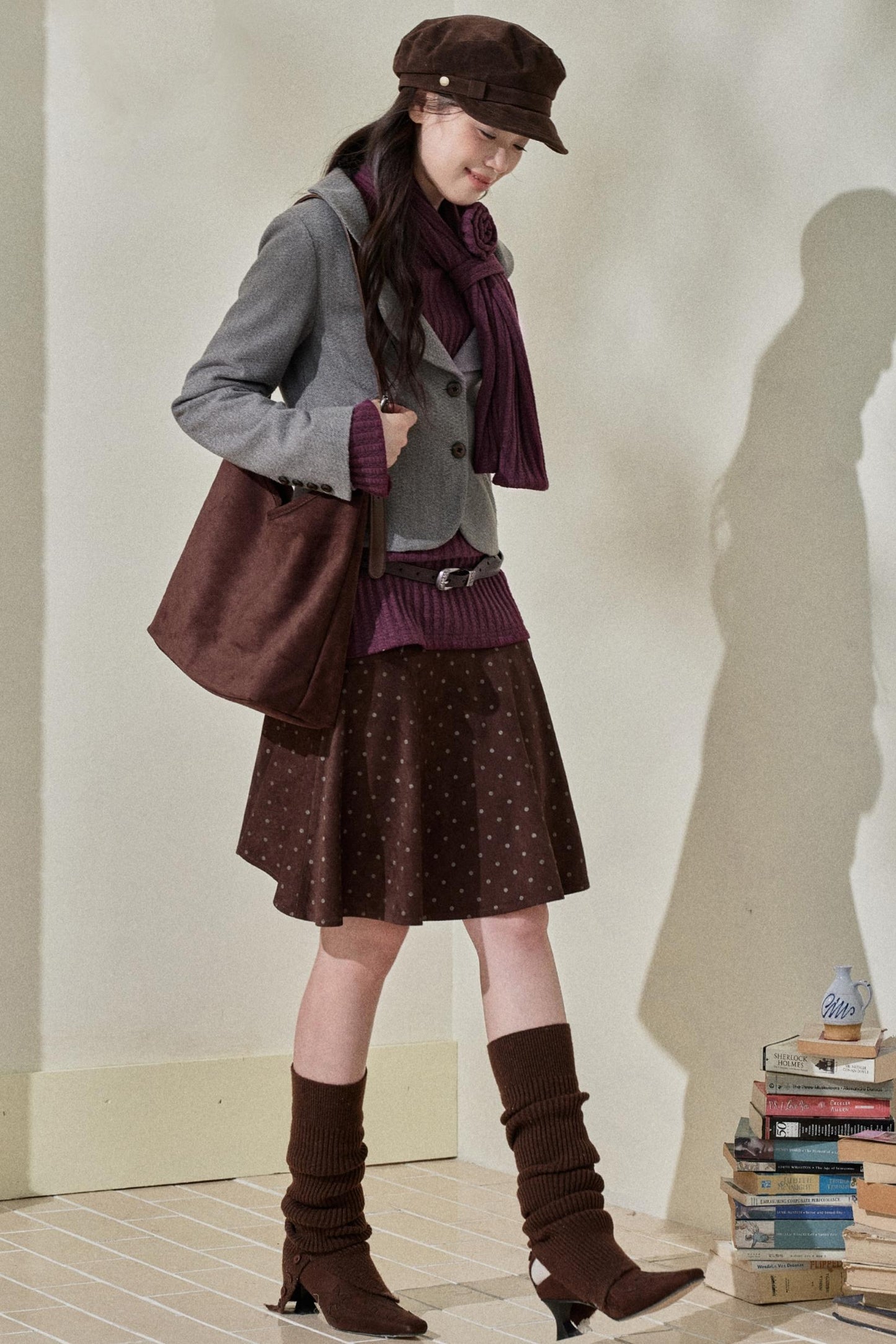 Purple Strip Knit Gray Woolen Jacket Set-Up