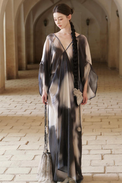 Chinese Ink Blended V-Neck Bat Sleeve Long Dress