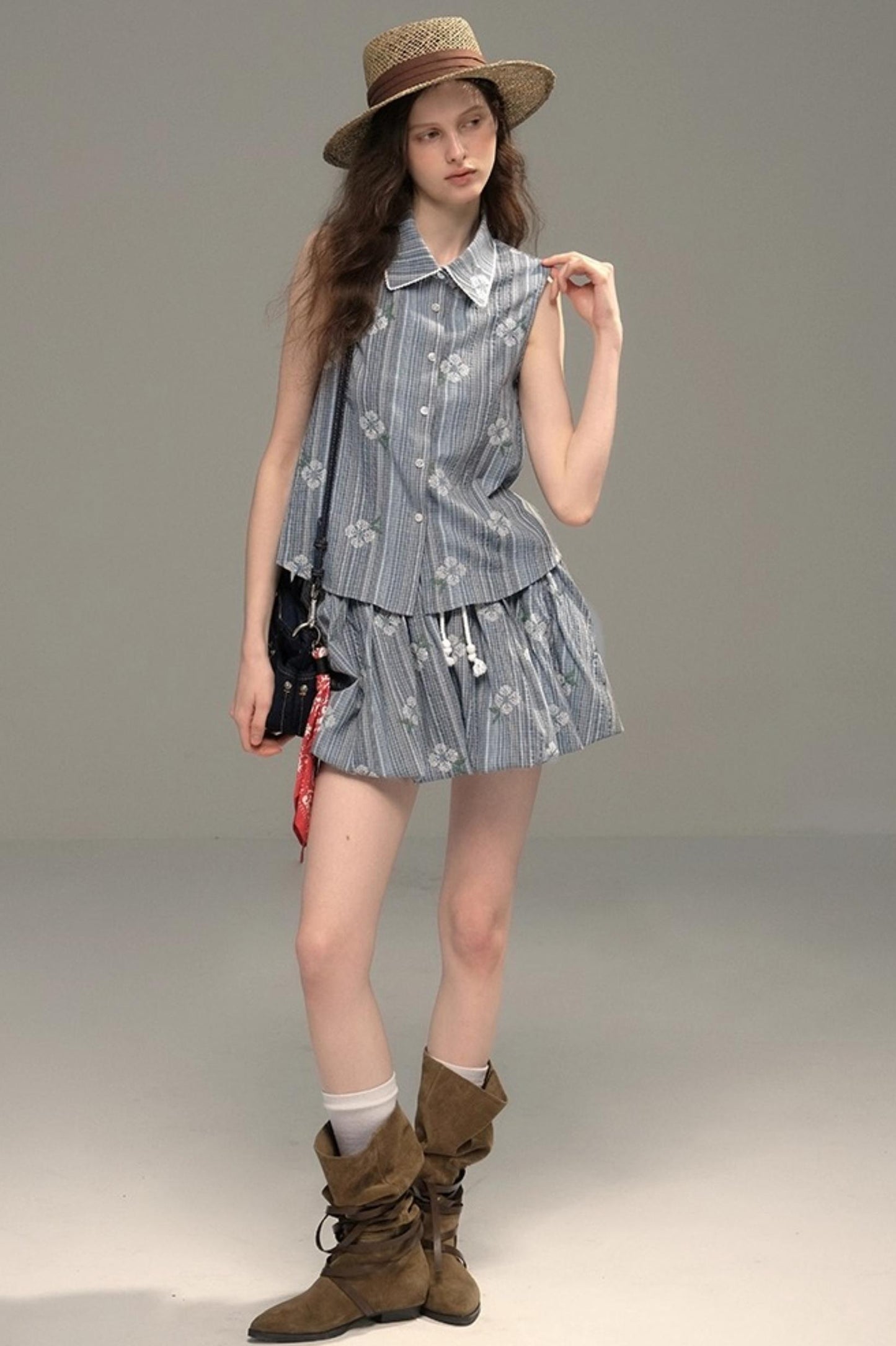 Flower Stitch Vest Skirt Set-Up