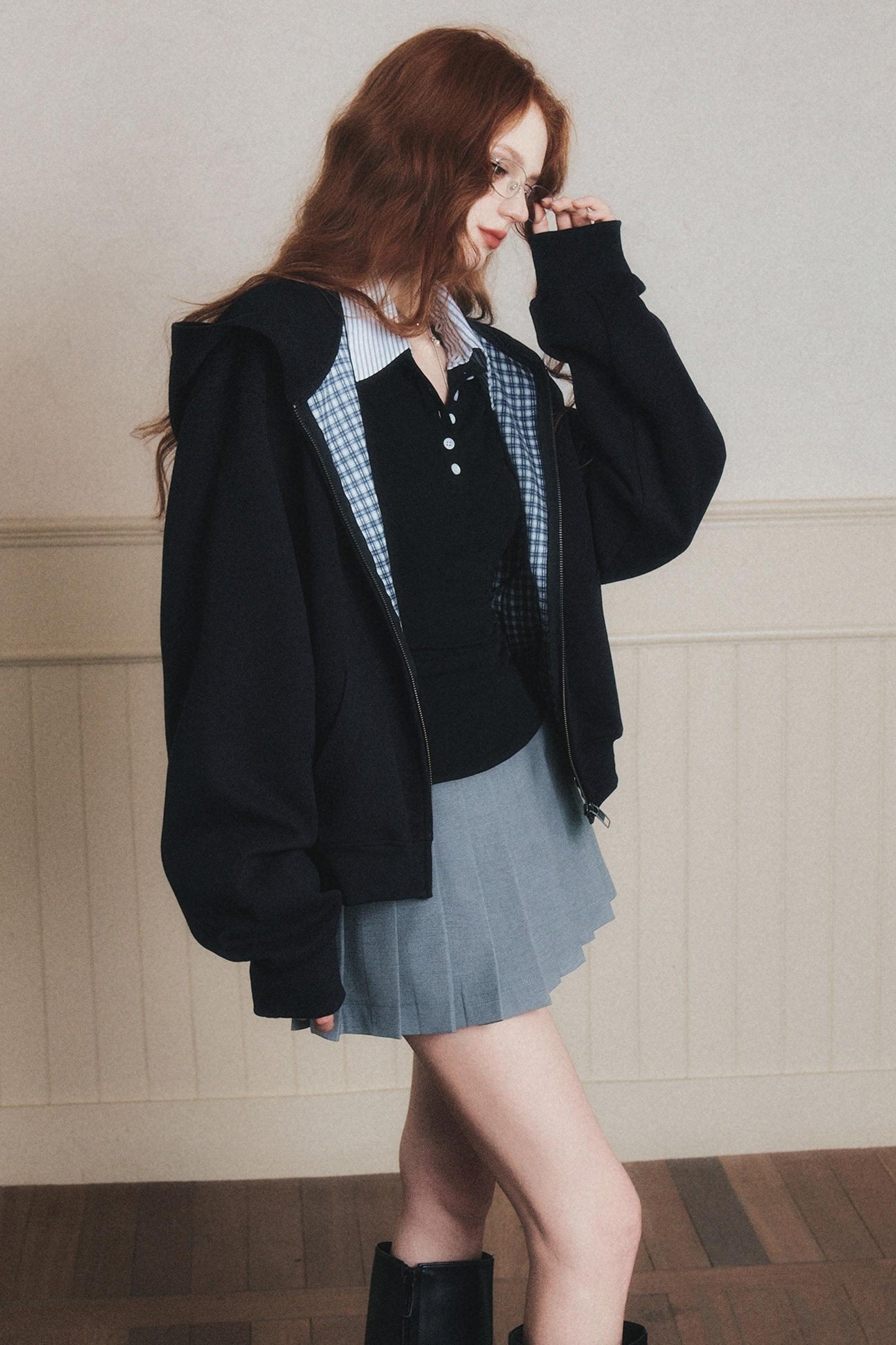 Navy Check Patchwork Hooded Coat