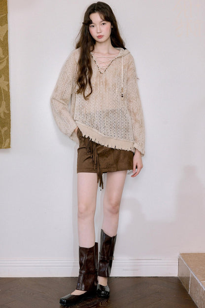 Vintage Coffee Openwork Fringed Suede A-Line Skirt