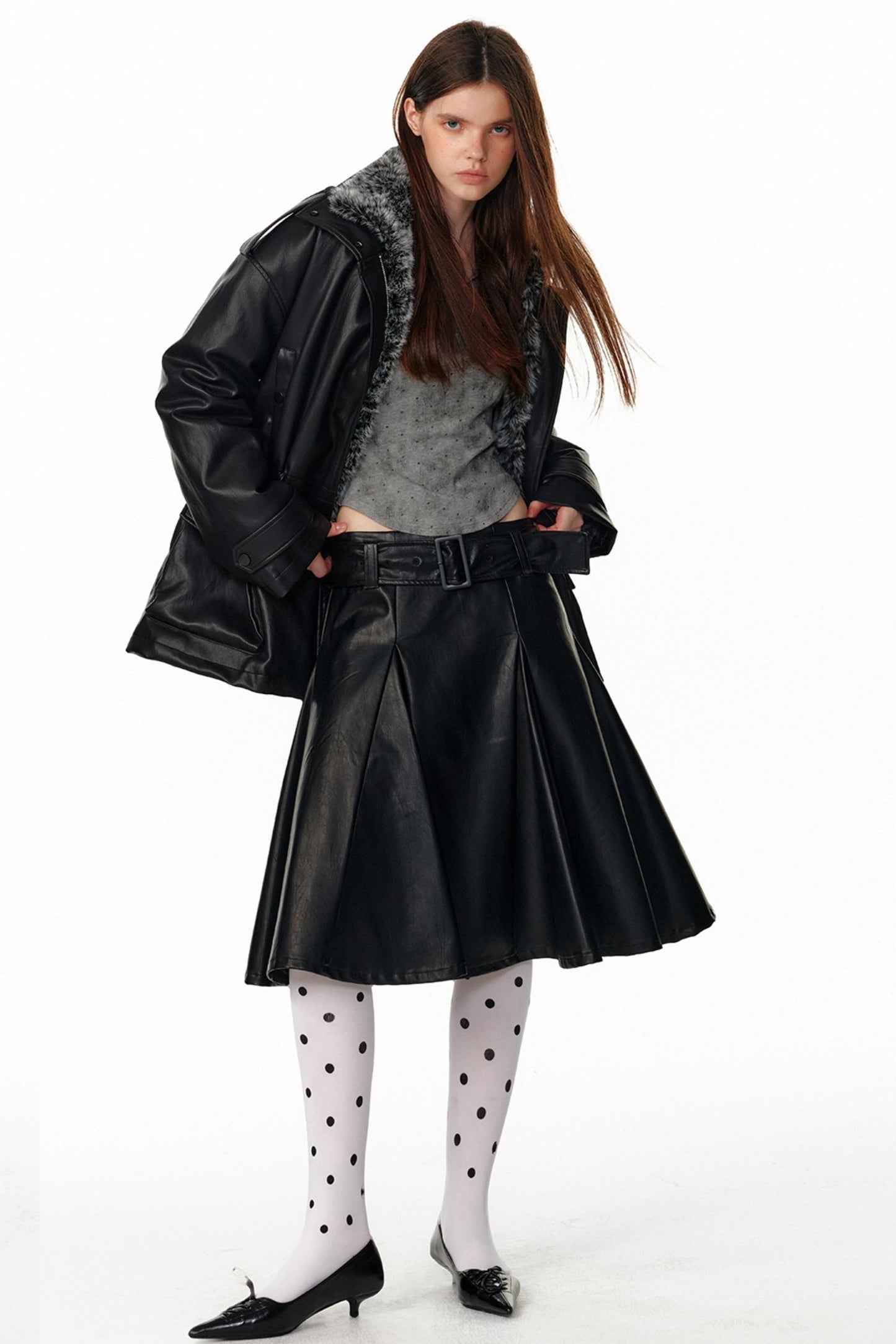 Pu Leather Black Midi Skirt