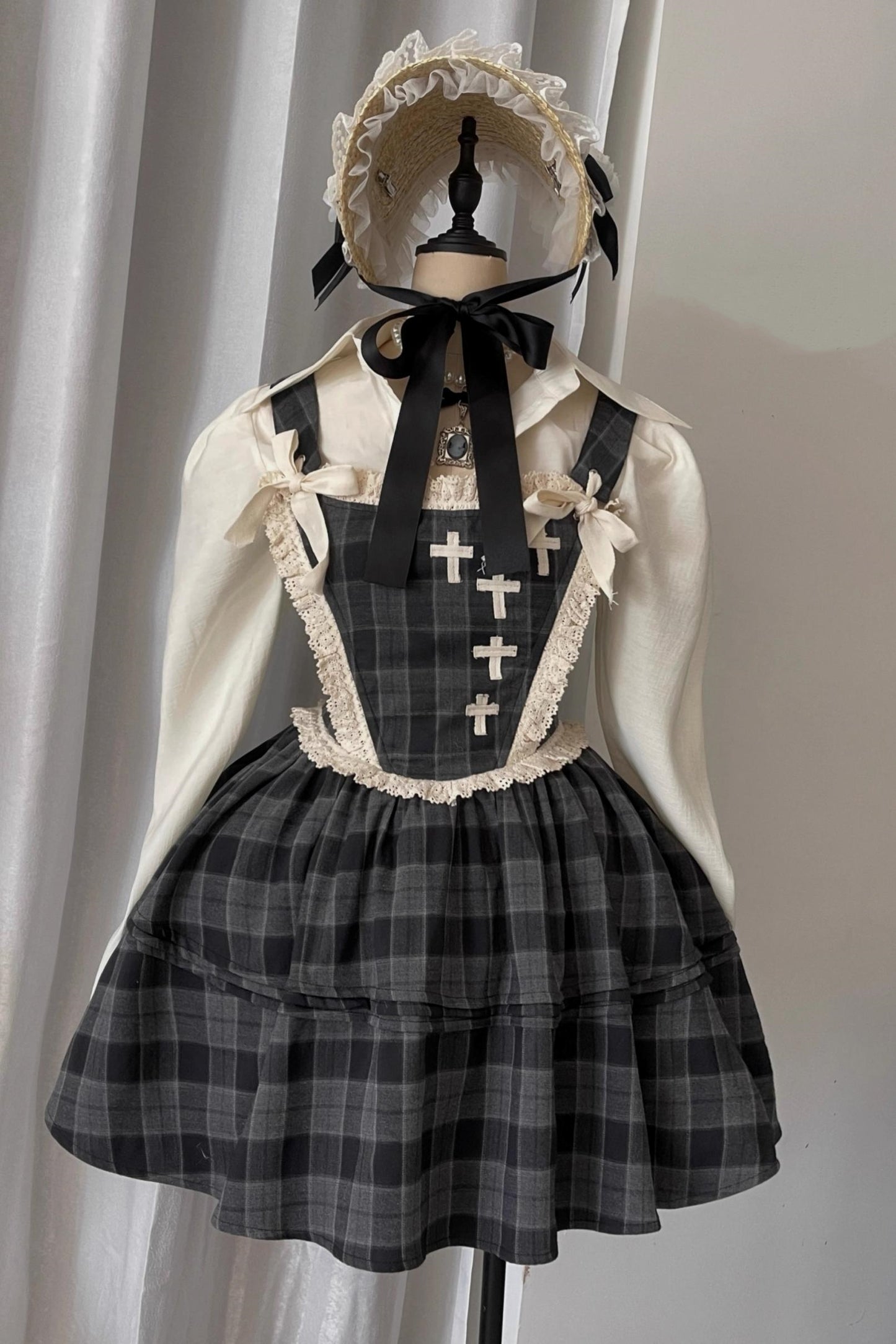 Gray Plaid Waist Cinched Herringbone Lace Bow Tie Dress Set-Up