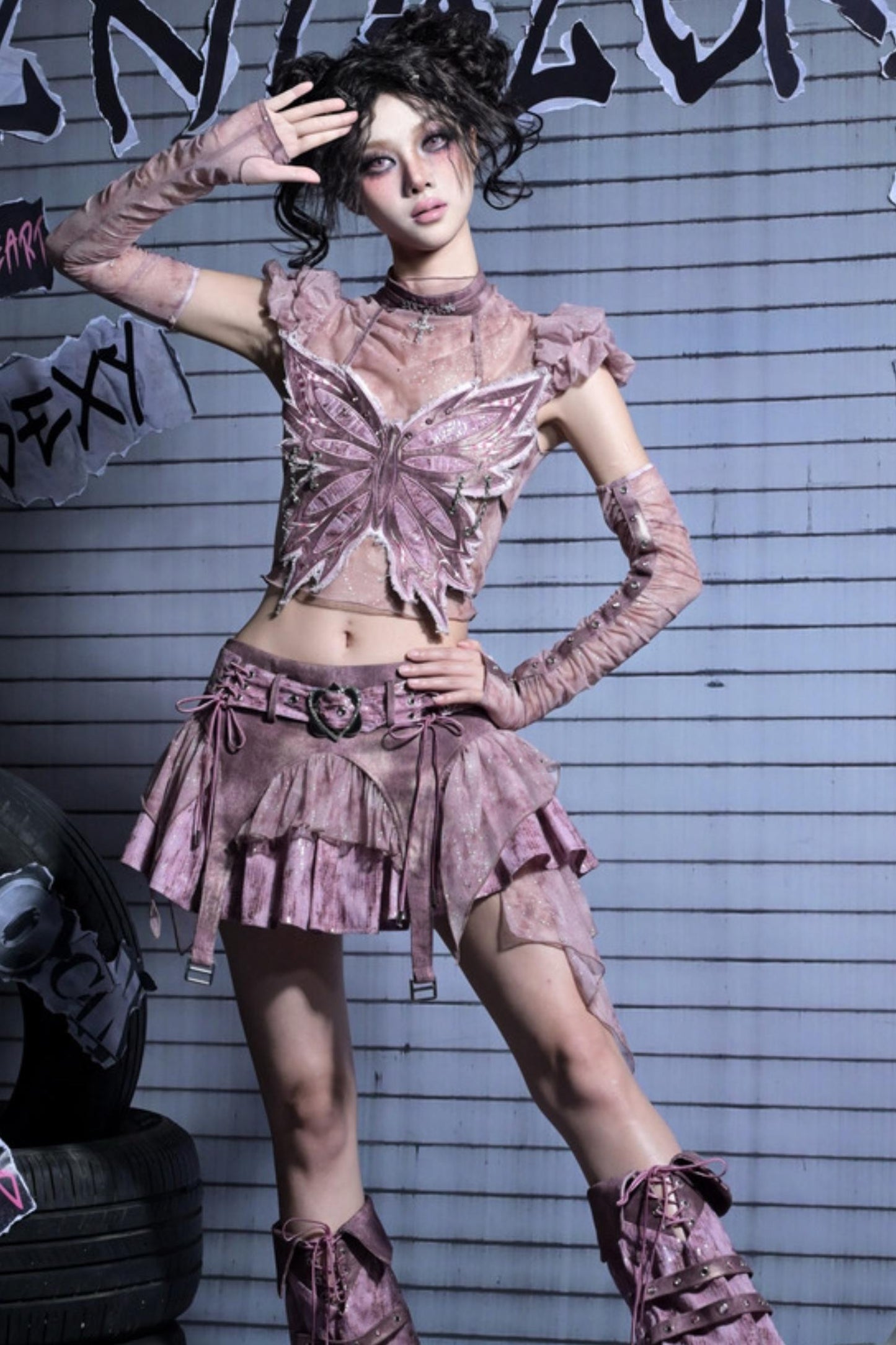 Butterfly Sequins Denim A-Line Skirt