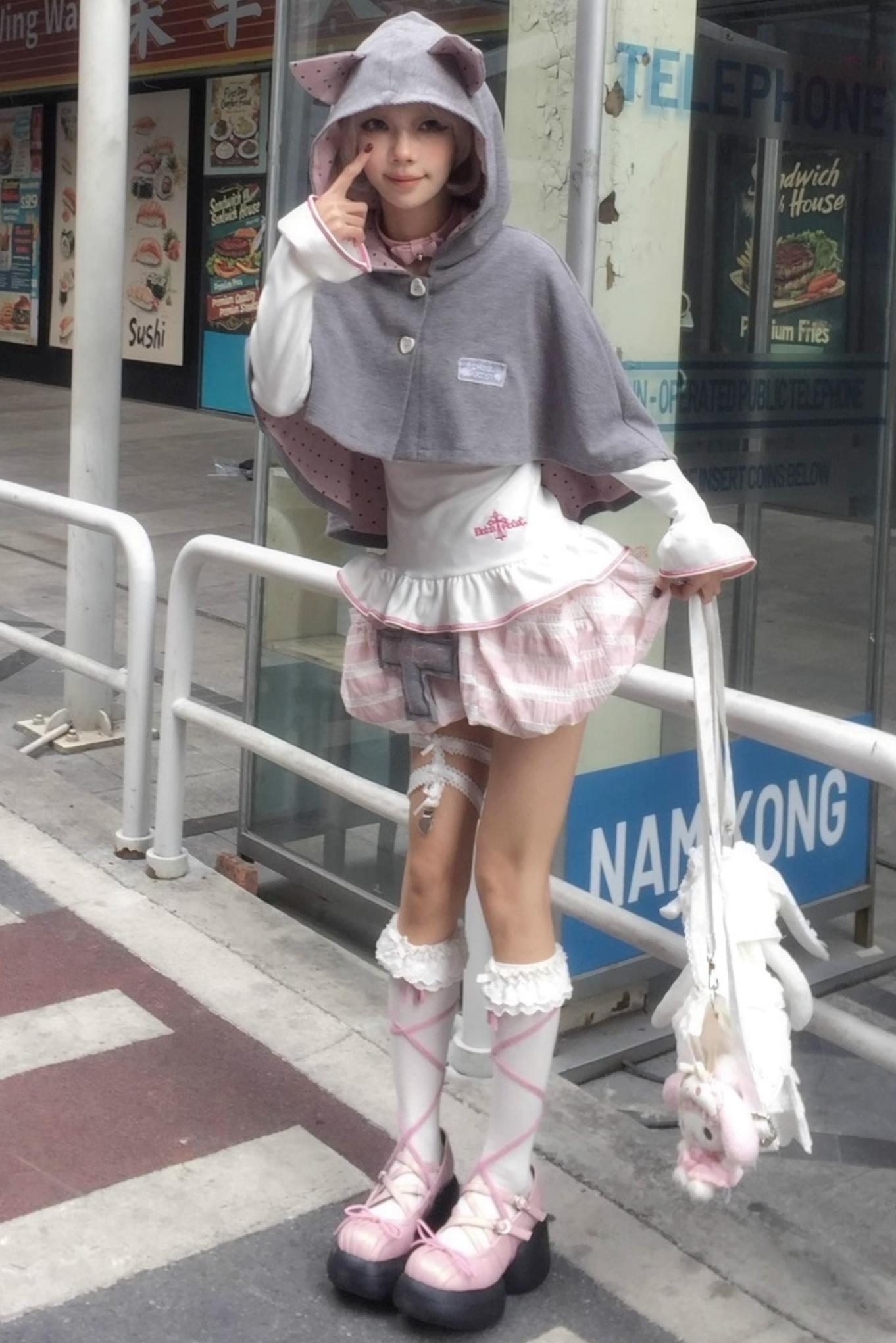 Cute Gray-Pink Cat Ears Hooded Coat