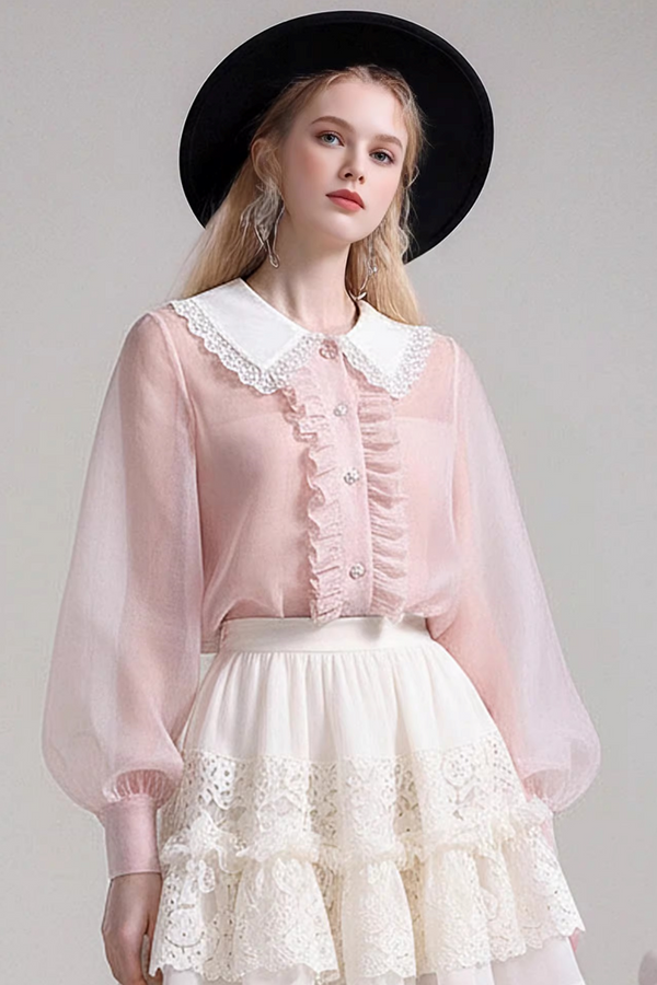 Pink Snow Doll Collar Shirt Set-Up