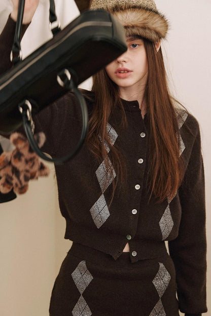 Brown Diamond Wool Cardigan Set-Up