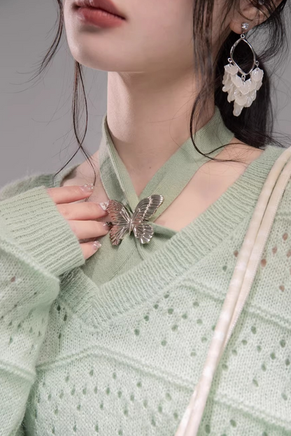 Frühlingsgrünes Strickwesten-Zweiteiliges Set