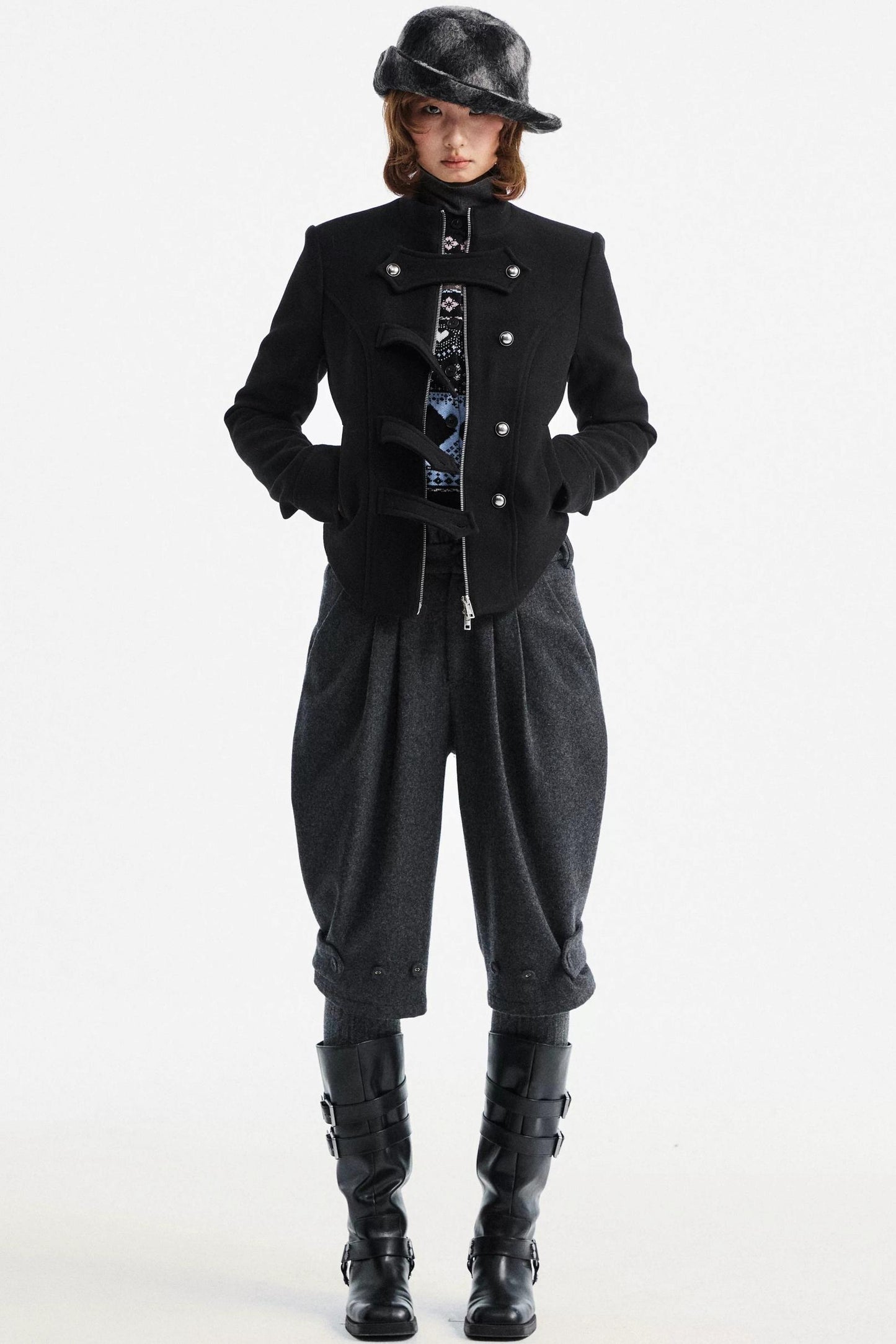 Gray Woolen Lace-Trim Pants