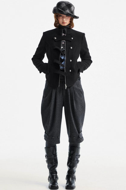 Gray Woolen Lace-Trim Pants