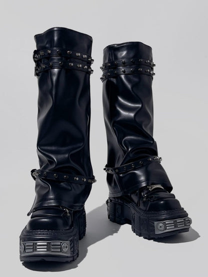 Y2K Retro Punk Style Eyelet Triple Belt Volume Sole Long Tube Boots