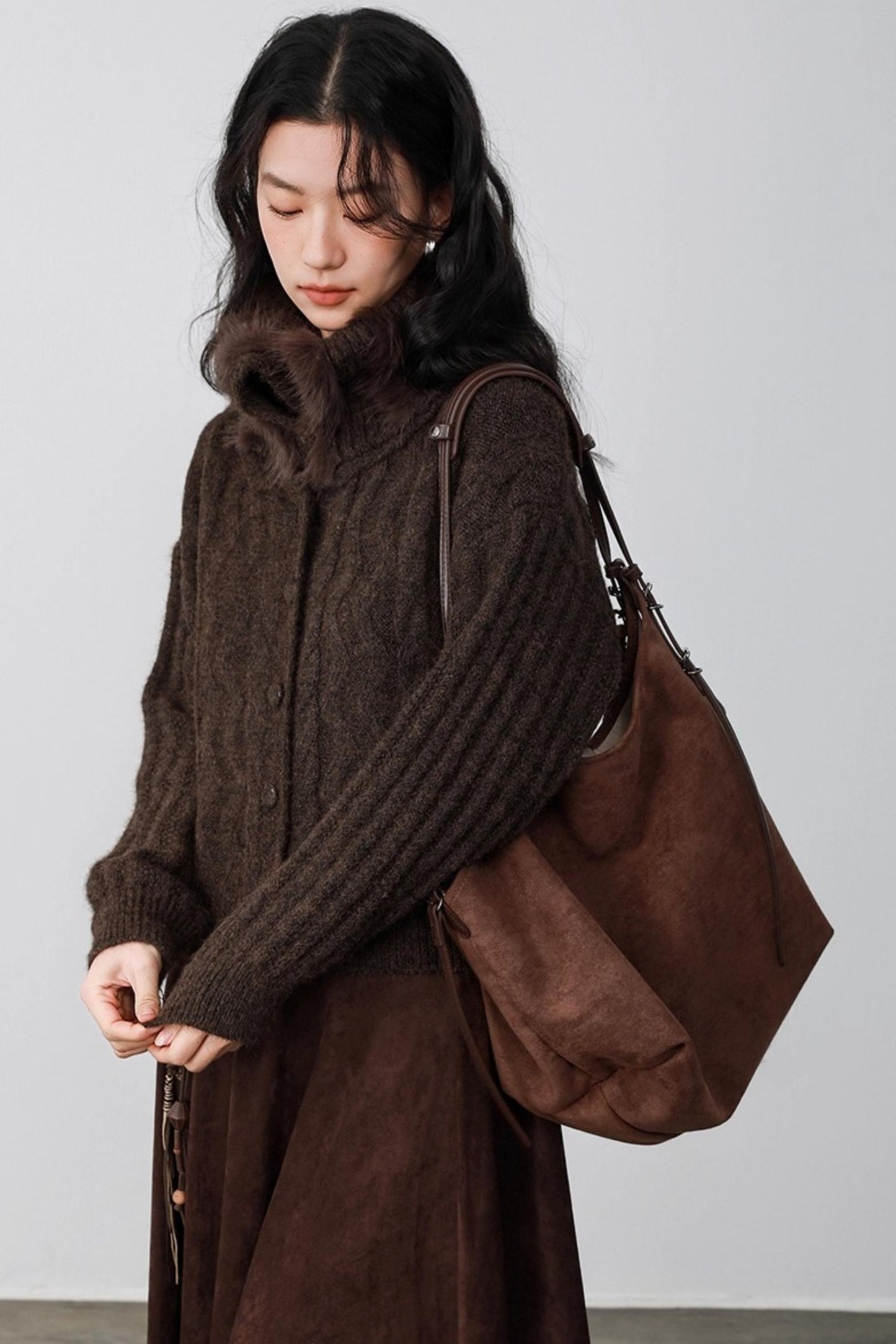 Caramel Brown Fur Collar Cardigan