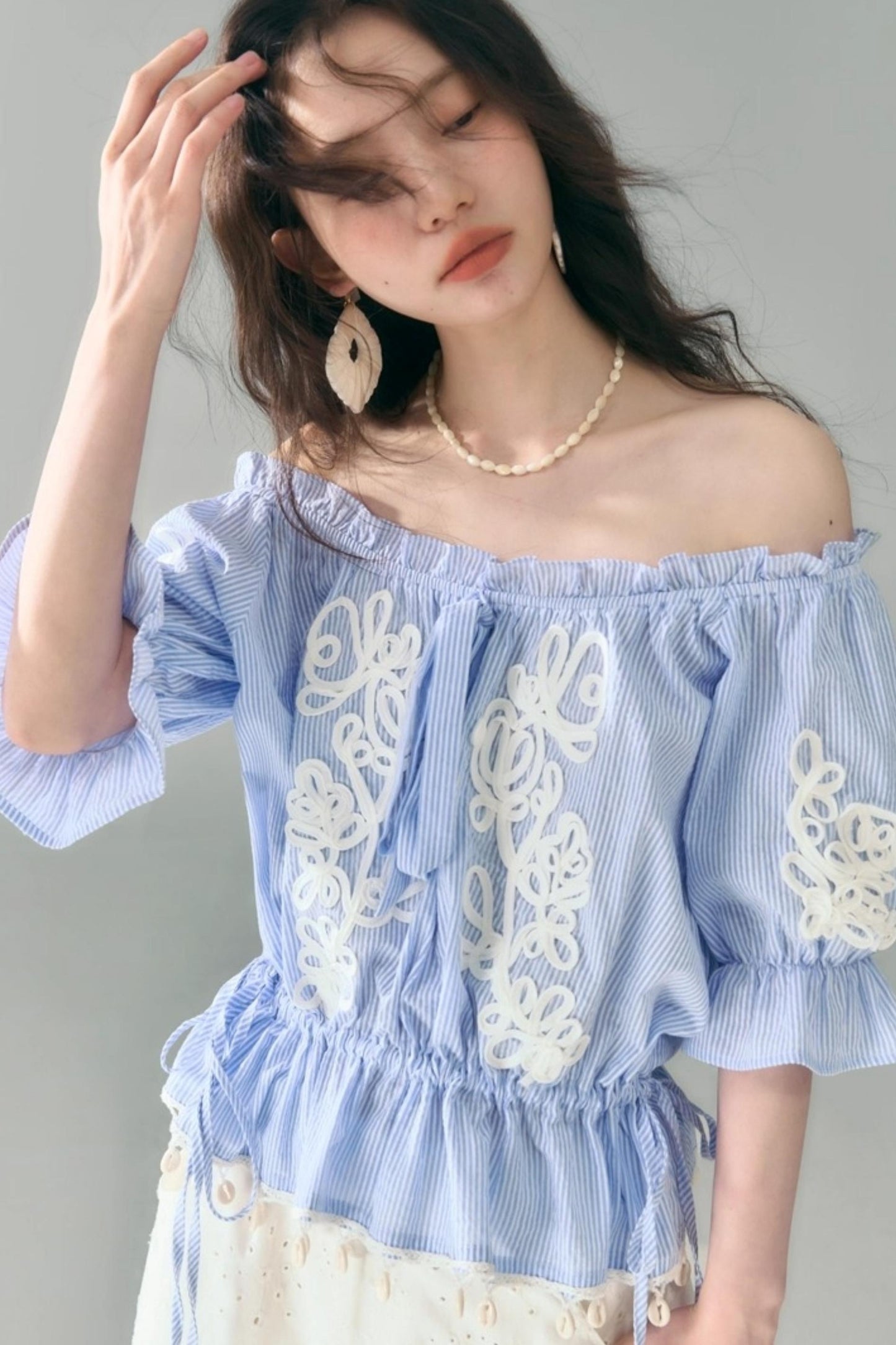 Island Flower Vine Striped Short Sleeve Top Shorts Set-Up