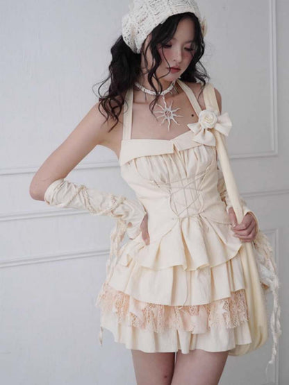 Lace-Up Halter Neck Tops & Shirring Waist Tiered Skirt