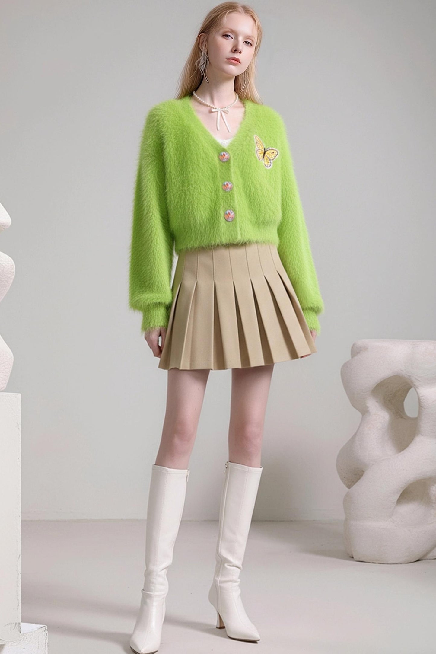 Forest Mist V-Neck Plush Cardigan Set-Up