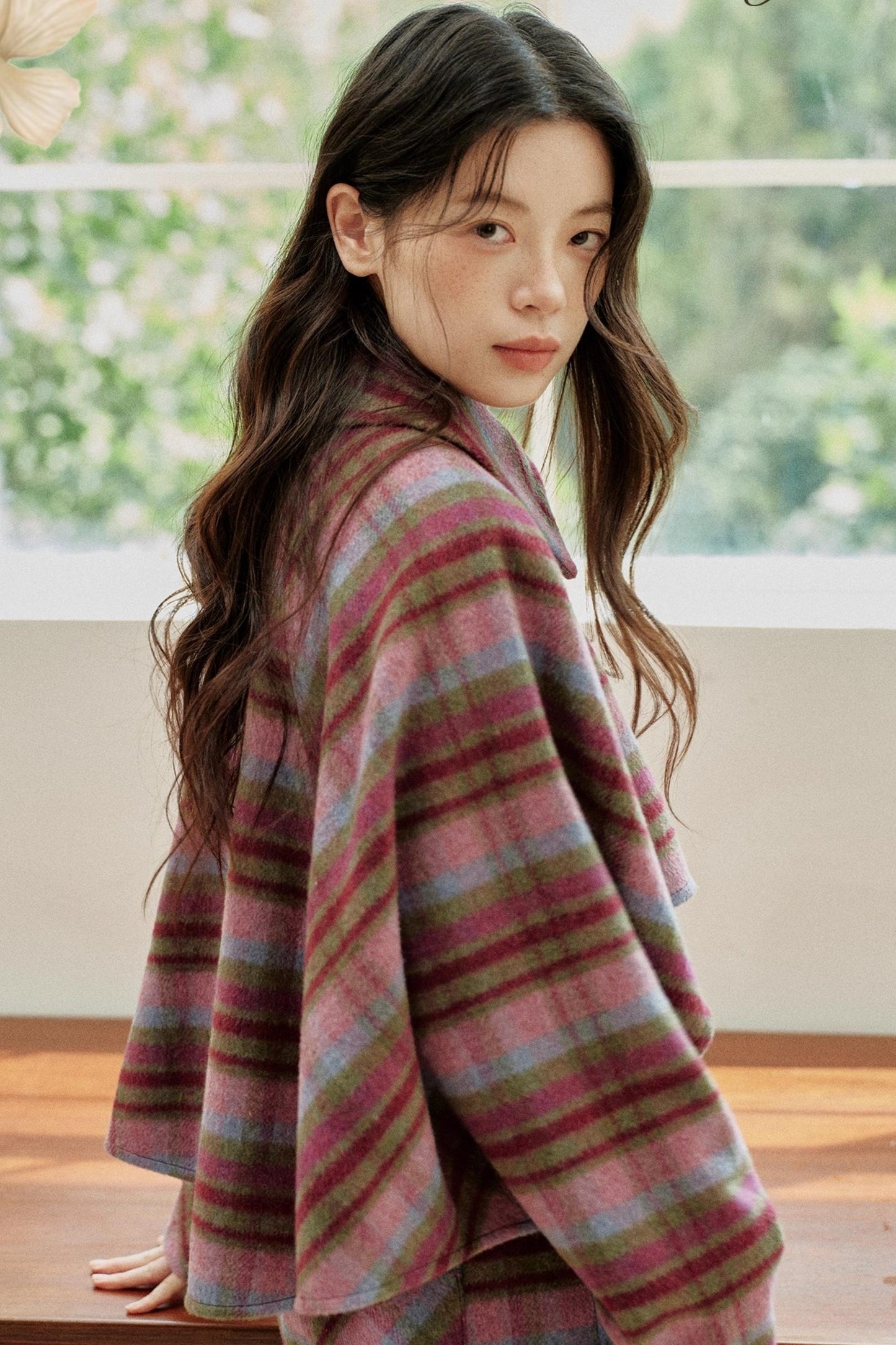 Pink-Purple Wool Plaid Cape Set-Up