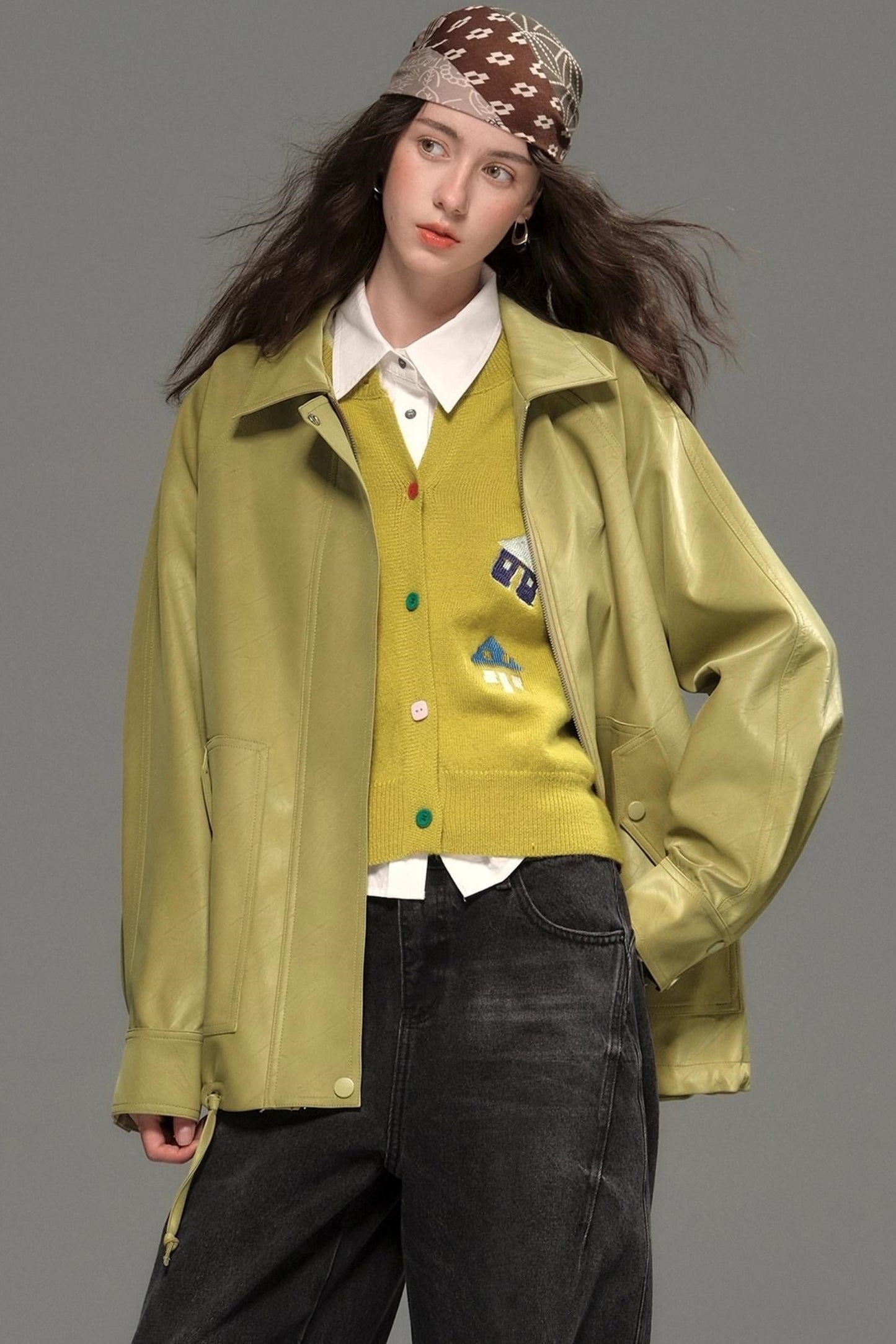 Green Lapel Leather Jacket