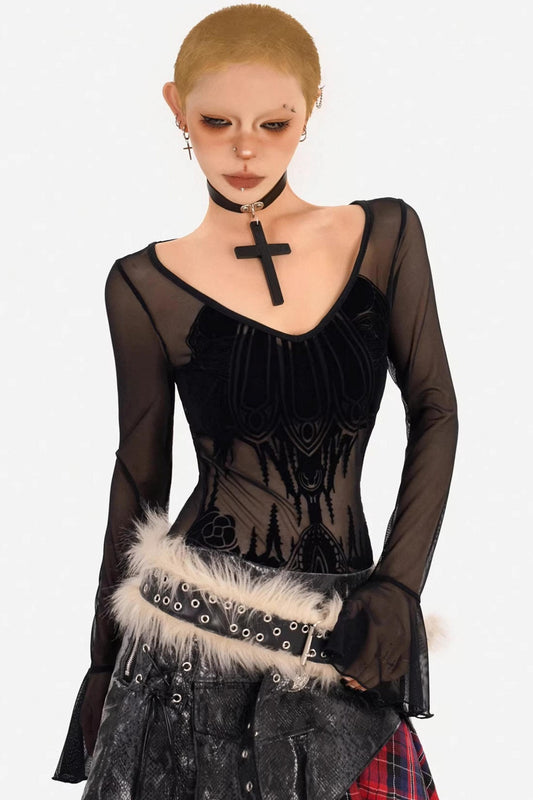 Velvet Mesh Flared Top