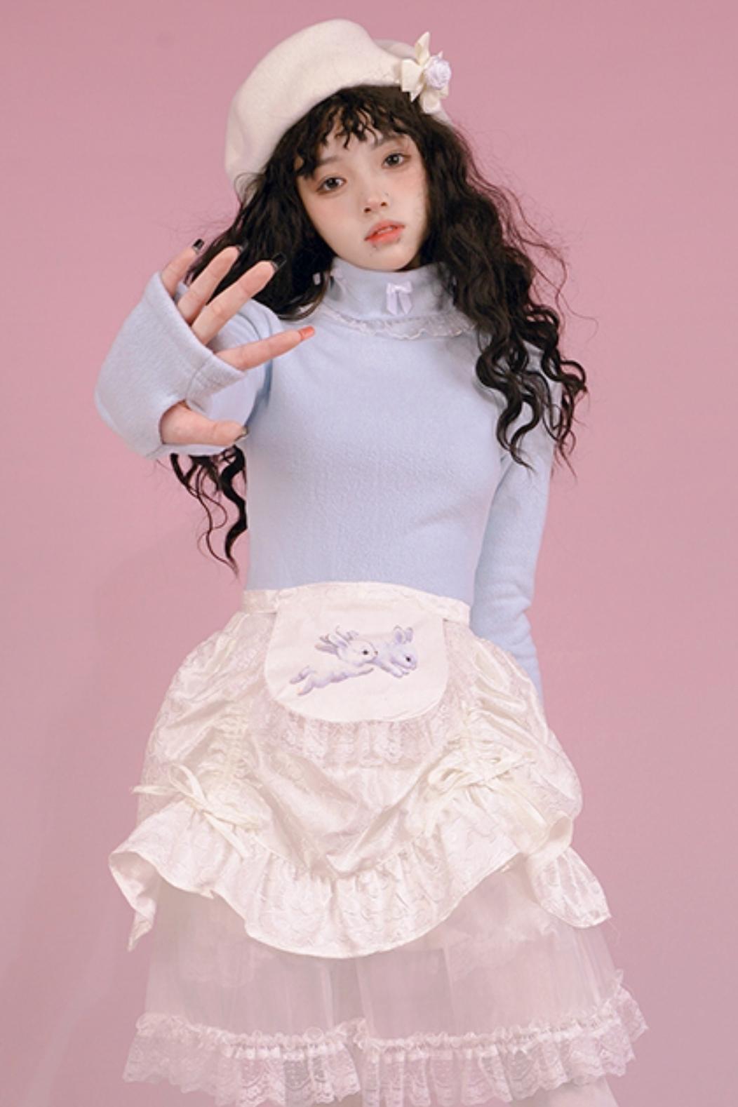 Solid Color Bow Lace Turtleneck Shirt