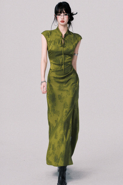 Vintage Moss Green Jacquard Cheongsam Dress