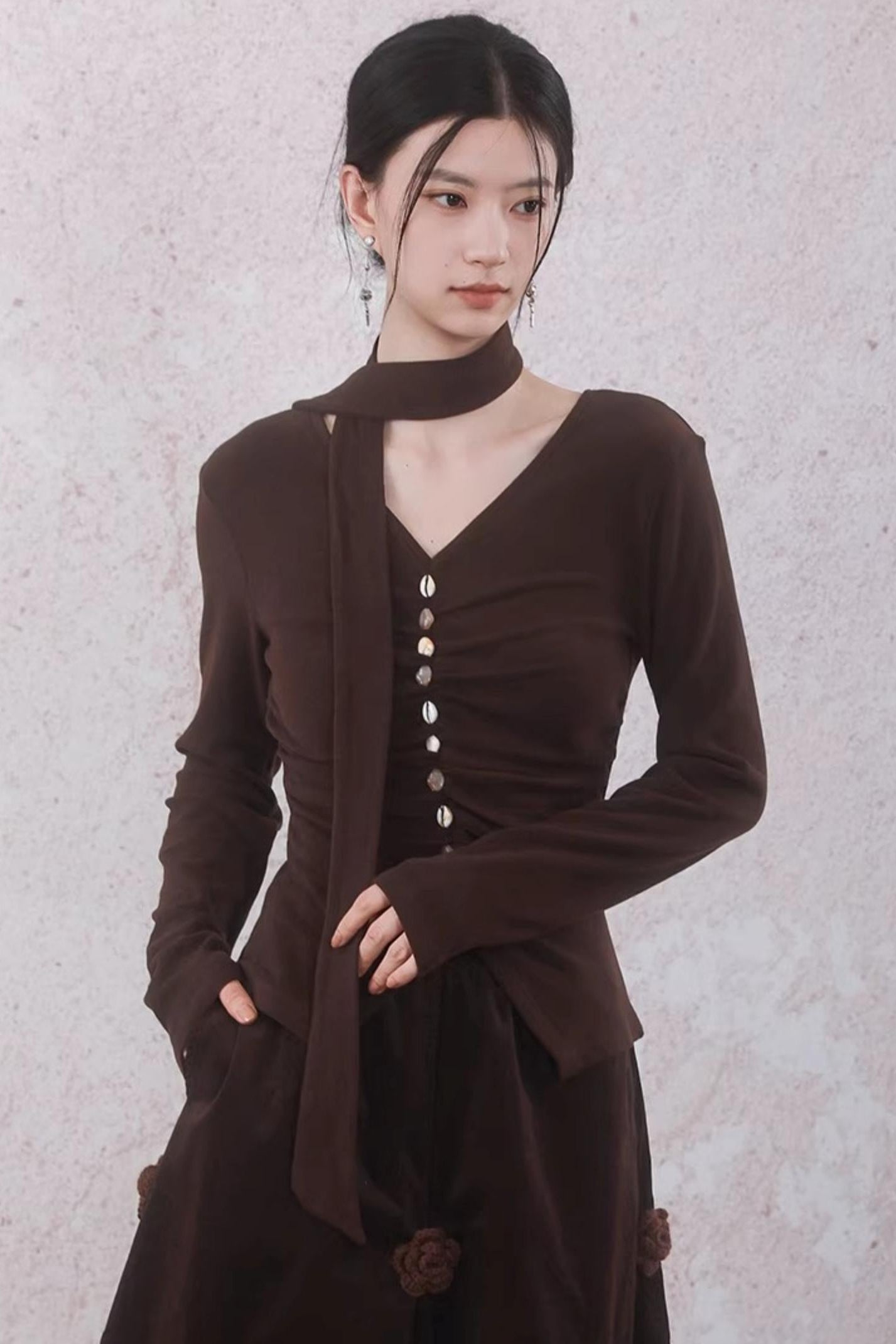 Caramel Coffee Shell Buckle Streamer Top