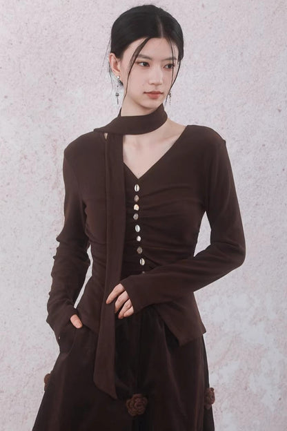 Caramel Coffee Shell Buckle Streamer Top