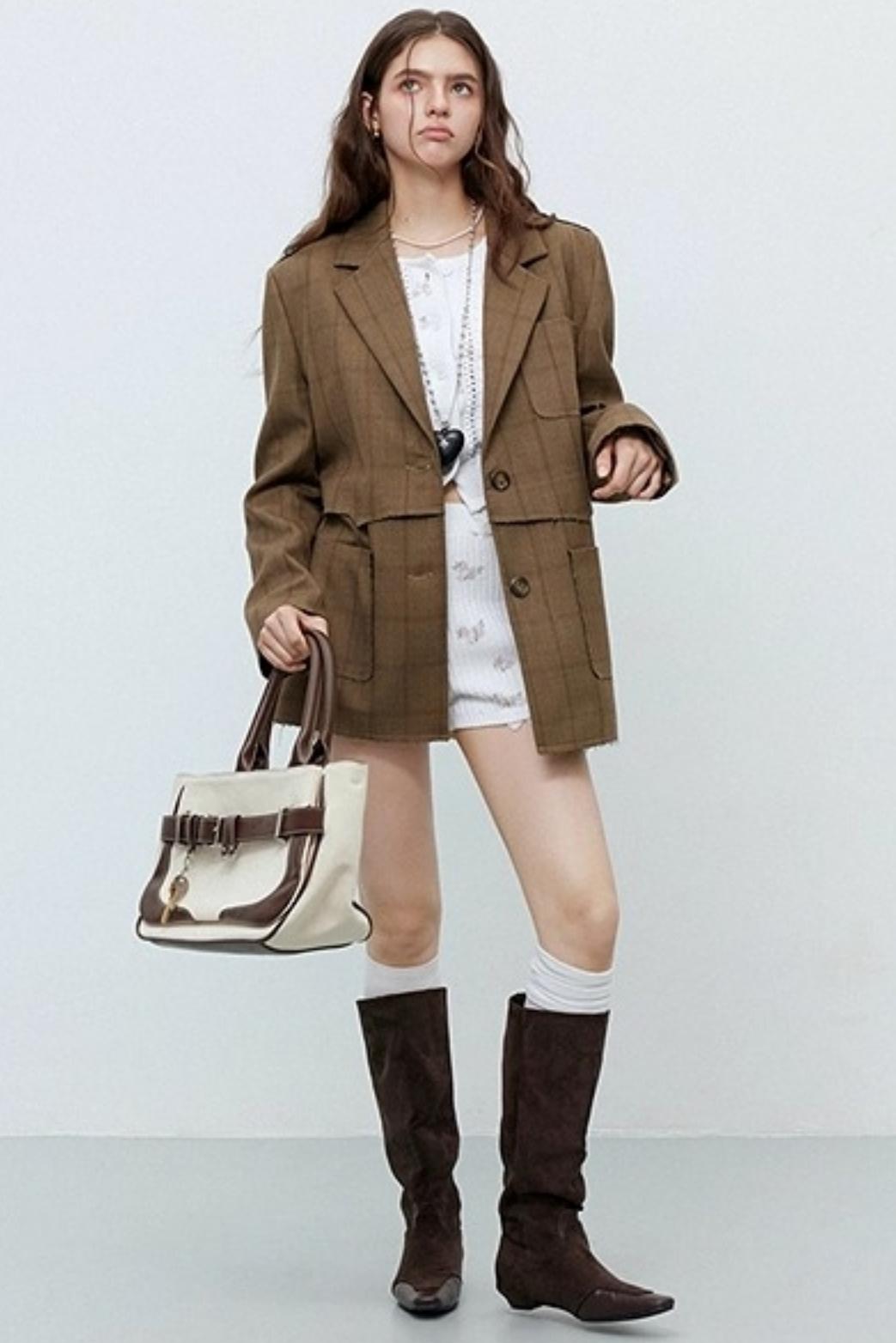 Brown Check Raw Edge Blazer